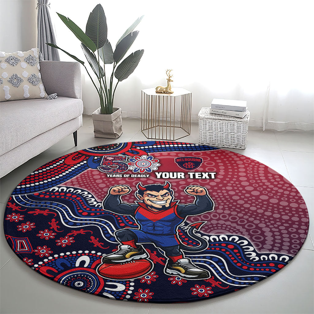 Personalized Melbourne Demons Football Mascot Round Carpet Aboriginal Dot Art Style Vibrant Indigenous Pattern Design