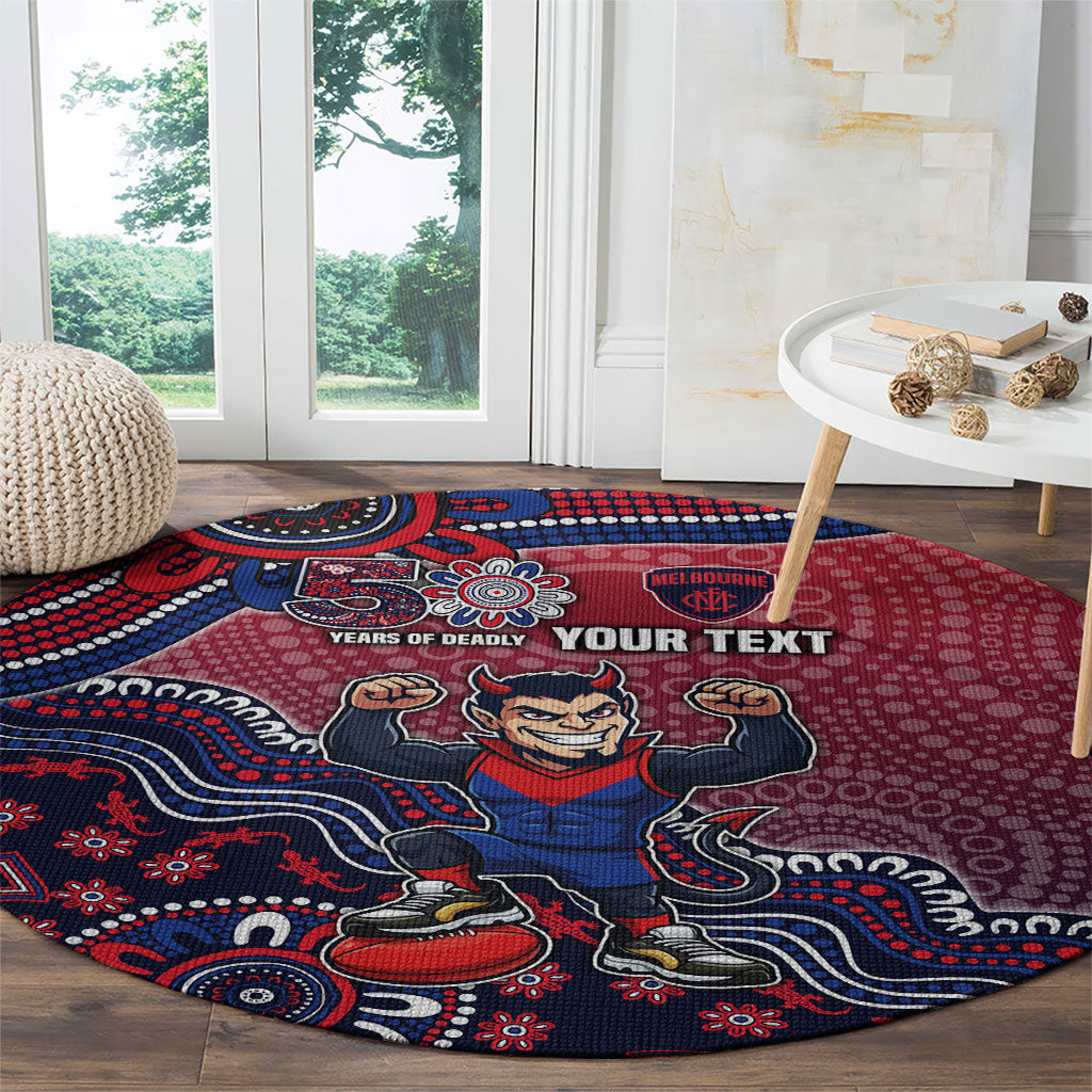 Personalized Melbourne Demons Football Mascot Round Carpet Aboriginal Dot Art Style Vibrant Indigenous Pattern Design