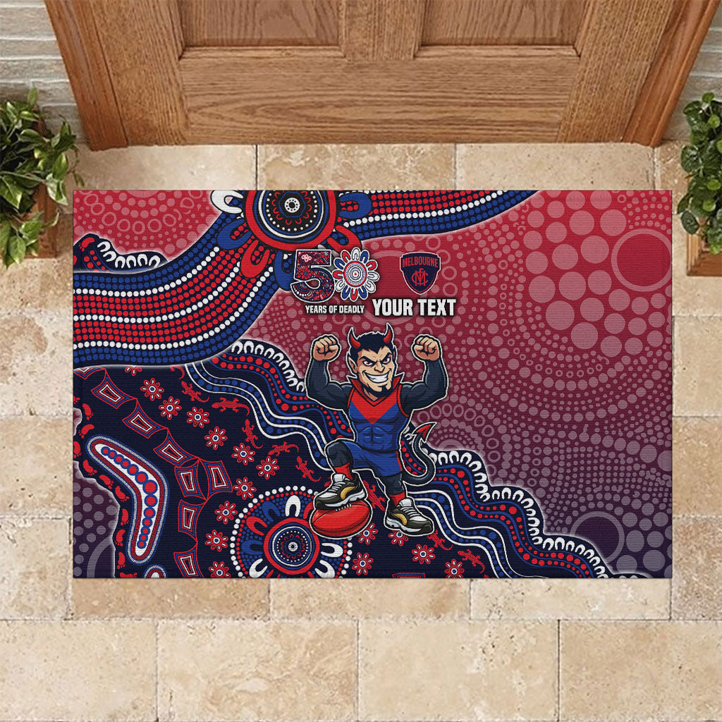 Personalized Melbourne Demons Football Mascot Rubber Doormat Aboriginal Dot Art Style Vibrant Indigenous Pattern Design
