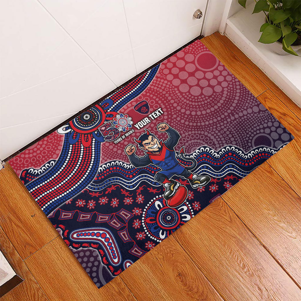 Personalized Melbourne Demons Football Mascot Rubber Doormat Aboriginal Dot Art Style Vibrant Indigenous Pattern Design