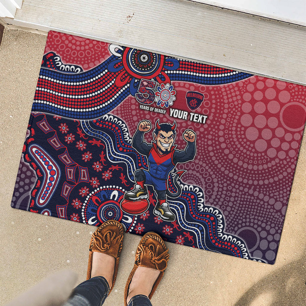 Personalized Melbourne Demons Football Mascot Rubber Doormat Aboriginal Dot Art Style Vibrant Indigenous Pattern Design