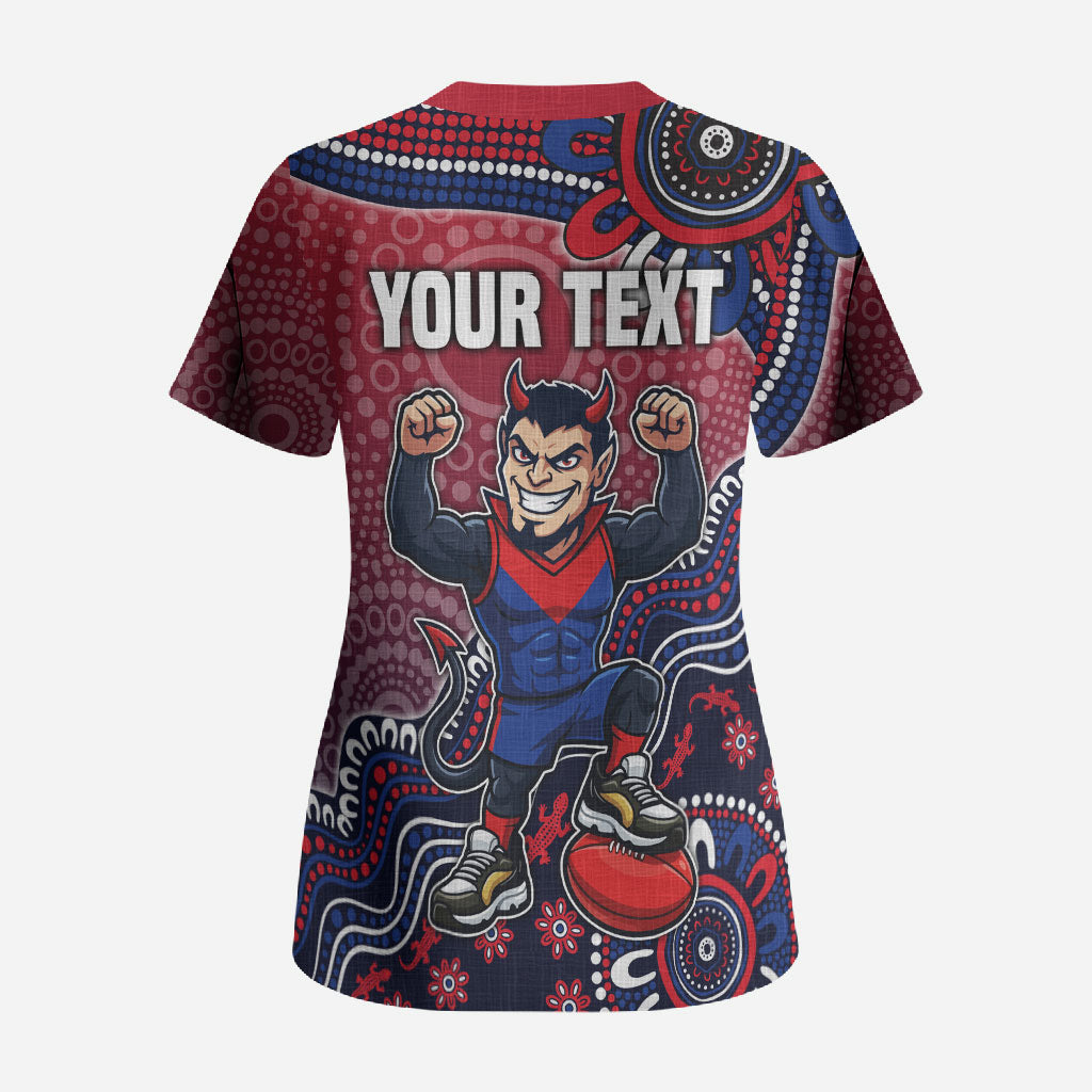 Personalized Melbourne Demons Football Mascot Scrub Top Aboriginal Dot Art Style Vibrant Indigenous Pattern Design