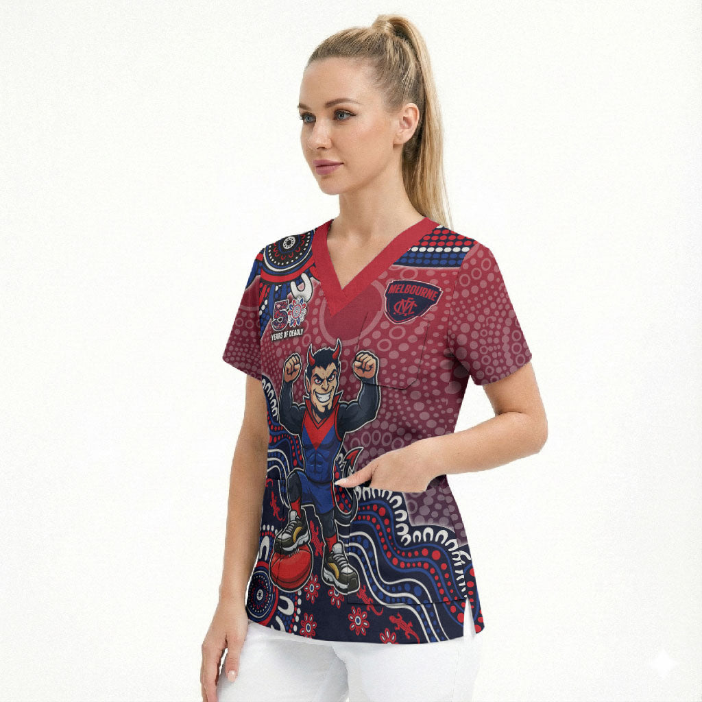 Personalized Melbourne Demons Football Mascot Scrub Top Aboriginal Dot Art Style Vibrant Indigenous Pattern Design