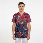 Personalized Melbourne Demons Football Mascot Scrub Top Aboriginal Dot Art Style Vibrant Indigenous Pattern Design