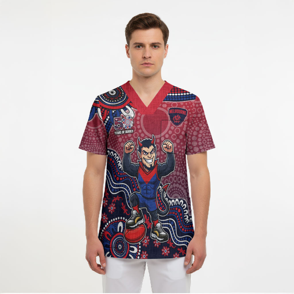 Personalized Melbourne Demons Football Mascot Scrub Top Aboriginal Dot Art Style Vibrant Indigenous Pattern Design