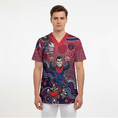 Personalized Melbourne Demons Football Mascot Scrub Top Aboriginal Dot Art Style Vibrant Indigenous Pattern Design