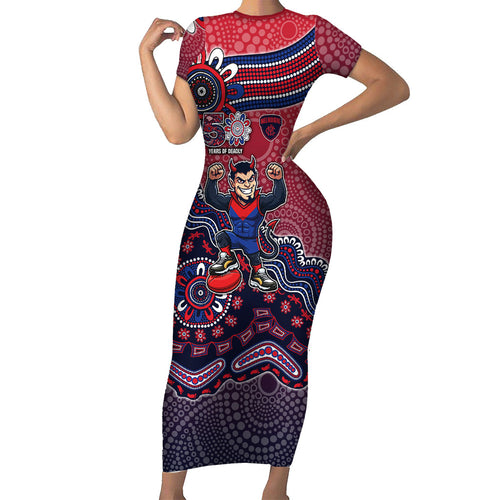 Personalized Melbourne Demons Football Mascot Short Sleeve Bodycon Dress Aboriginal Dot Art Style Vibrant Indigenous Pattern Design