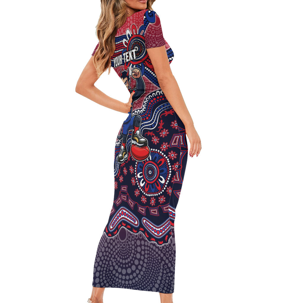 Personalized Melbourne Demons Football Mascot Short Sleeve Bodycon Dress Aboriginal Dot Art Style Vibrant Indigenous Pattern Design