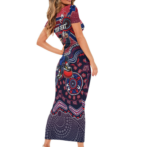 Personalized Melbourne Demons Football Mascot Short Sleeve Bodycon Dress Aboriginal Dot Art Style Vibrant Indigenous Pattern Design