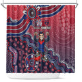 Personalized Melbourne Demons Football Mascot Shower Curtain Aboriginal Dot Art Style Vibrant Indigenous Pattern Design