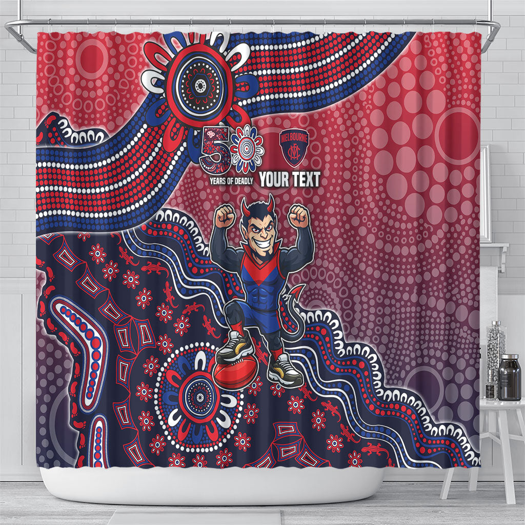 Personalized Melbourne Demons Football Mascot Shower Curtain Aboriginal Dot Art Style Vibrant Indigenous Pattern Design
