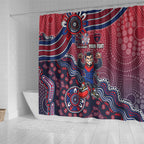Personalized Melbourne Demons Football Mascot Shower Curtain Aboriginal Dot Art Style Vibrant Indigenous Pattern Design