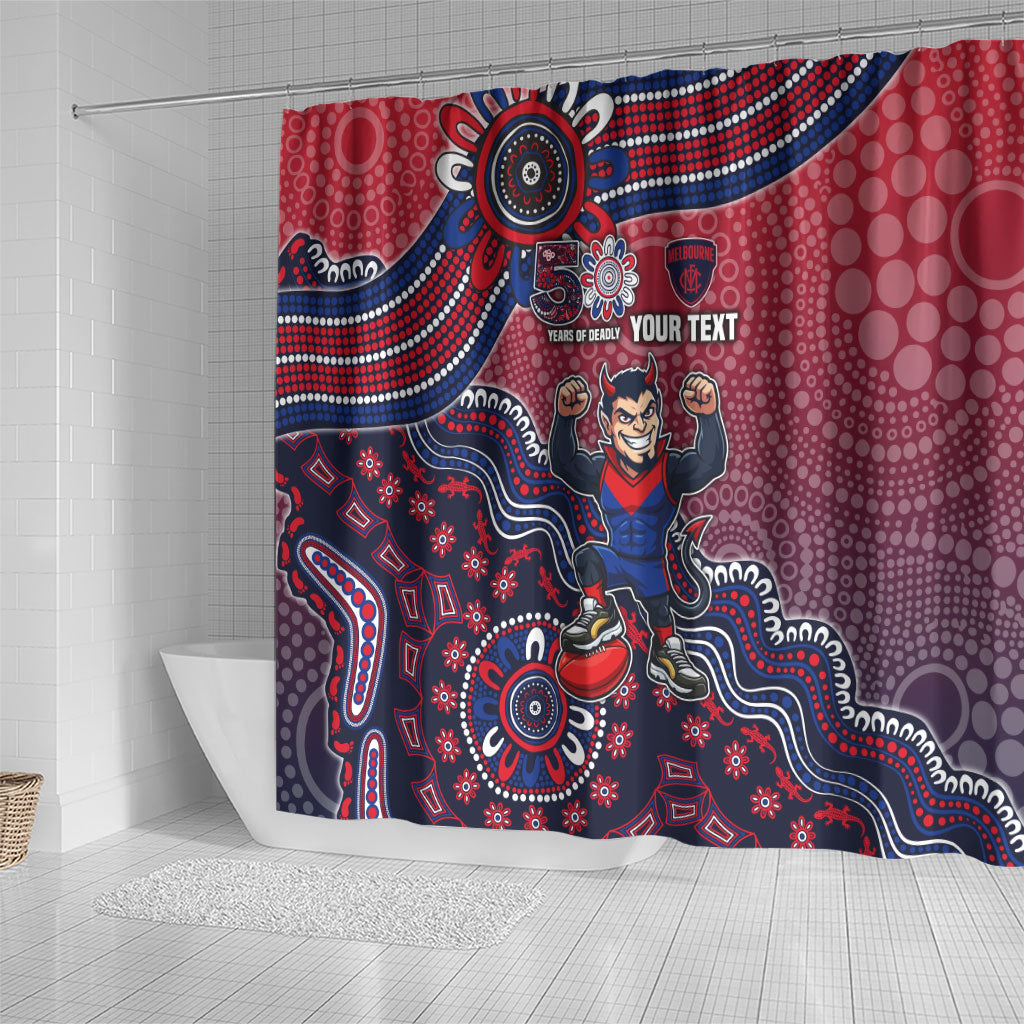 Personalized Melbourne Demons Football Mascot Shower Curtain Aboriginal Dot Art Style Vibrant Indigenous Pattern Design