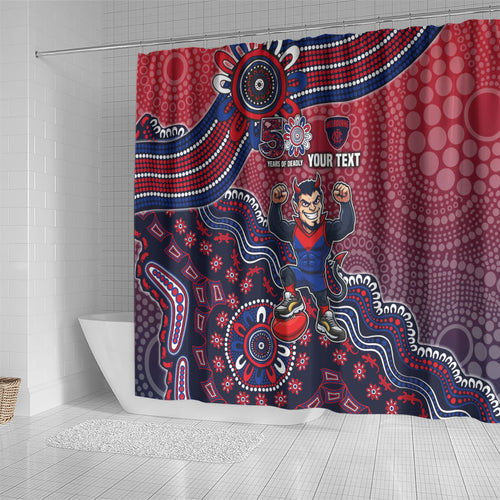 Personalized Melbourne Demons Football Mascot Shower Curtain Aboriginal Dot Art Style Vibrant Indigenous Pattern Design