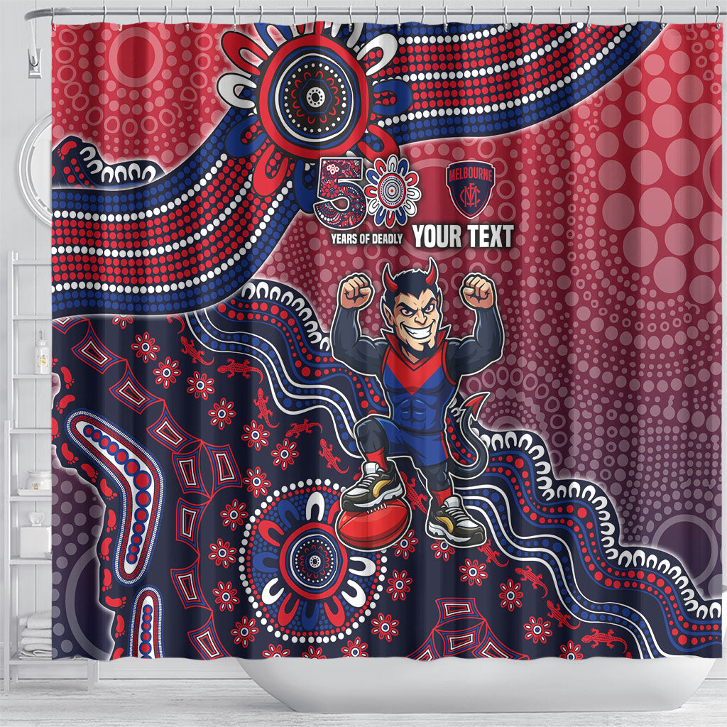 Personalized Melbourne Demons Football Mascot Shower Curtain Aboriginal Dot Art Style Vibrant Indigenous Pattern Design