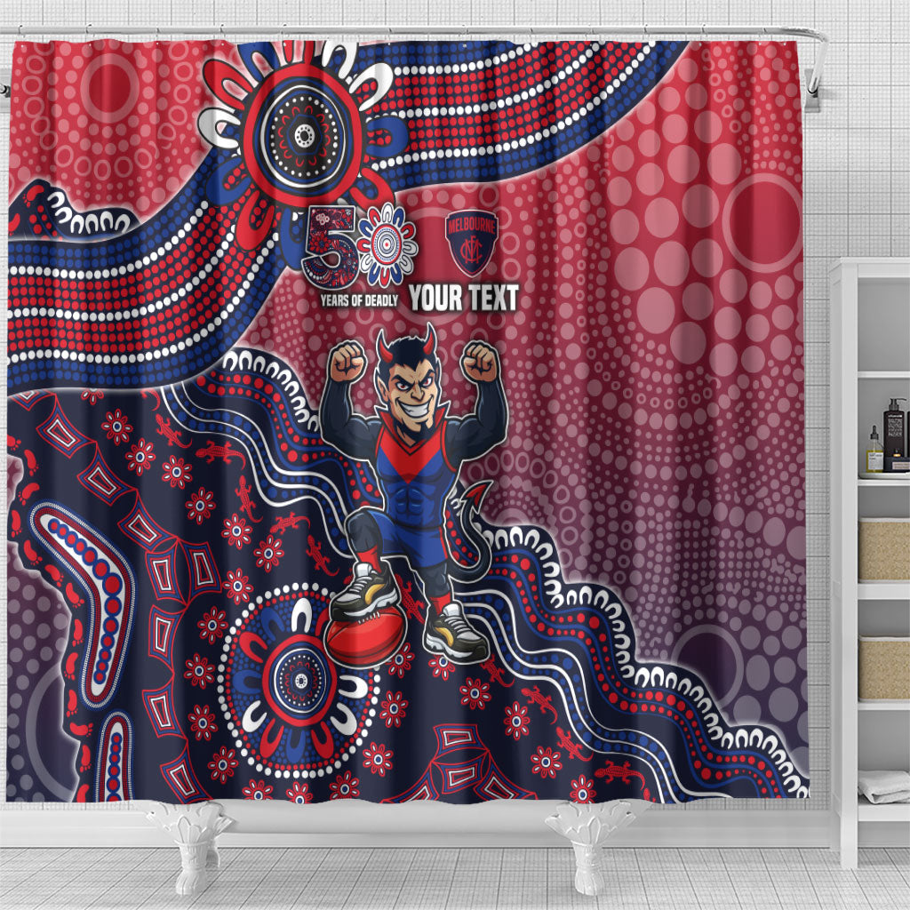 Personalized Melbourne Demons Football Mascot Shower Curtain Aboriginal Dot Art Style Vibrant Indigenous Pattern Design