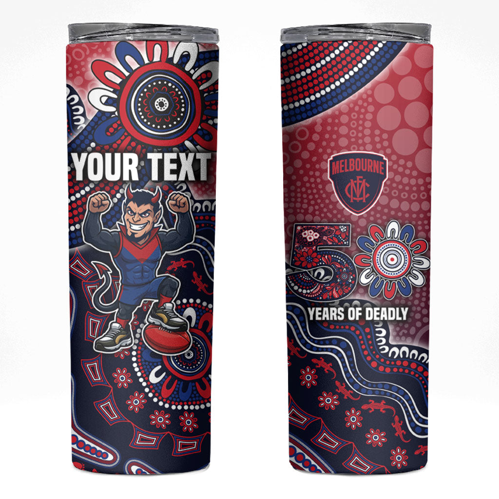 Personalized Melbourne Demons Football Mascot Skinny Tumbler Aboriginal Dot Art Style Vibrant Indigenous Pattern Design