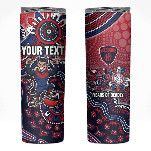 Personalized Melbourne Demons Football Mascot Skinny Tumbler Aboriginal Dot Art Style Vibrant Indigenous Pattern Design