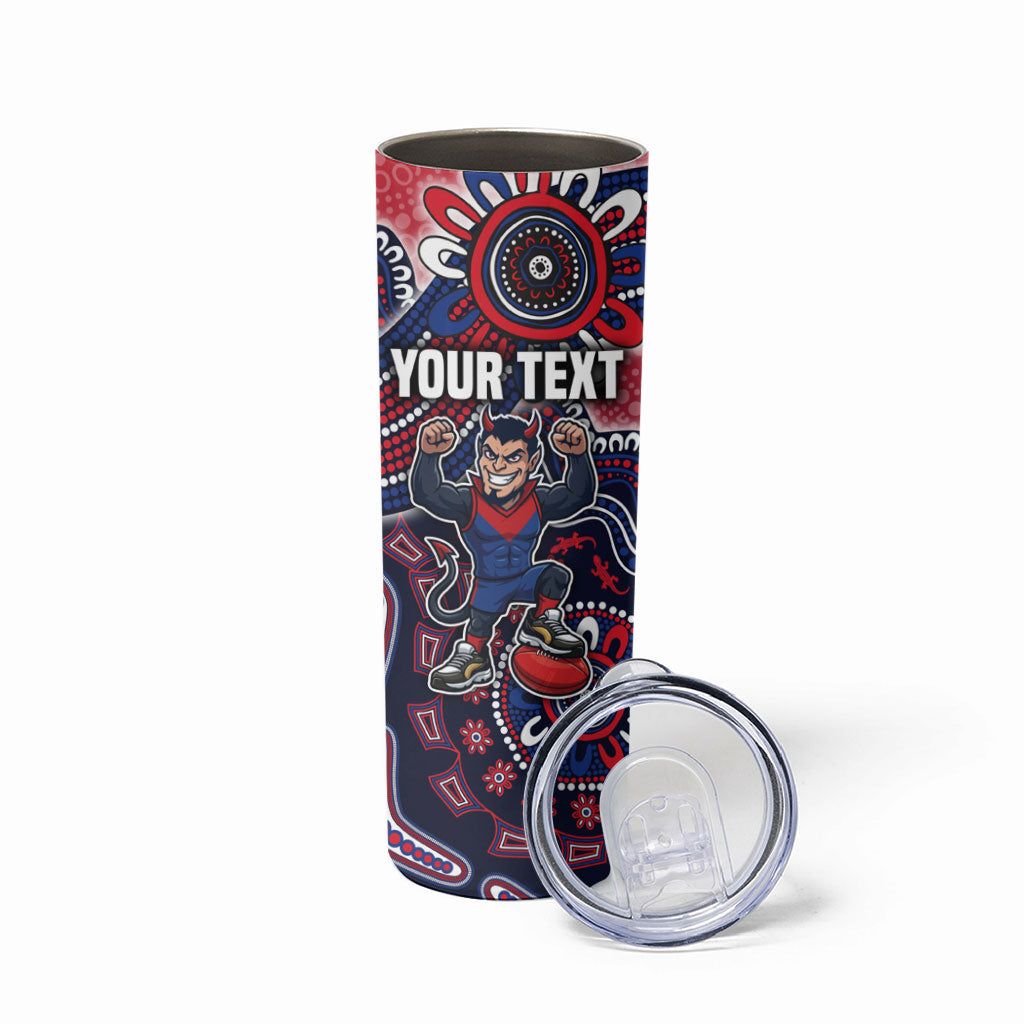 Personalized Melbourne Demons Football Mascot Skinny Tumbler Aboriginal Dot Art Style Vibrant Indigenous Pattern Design