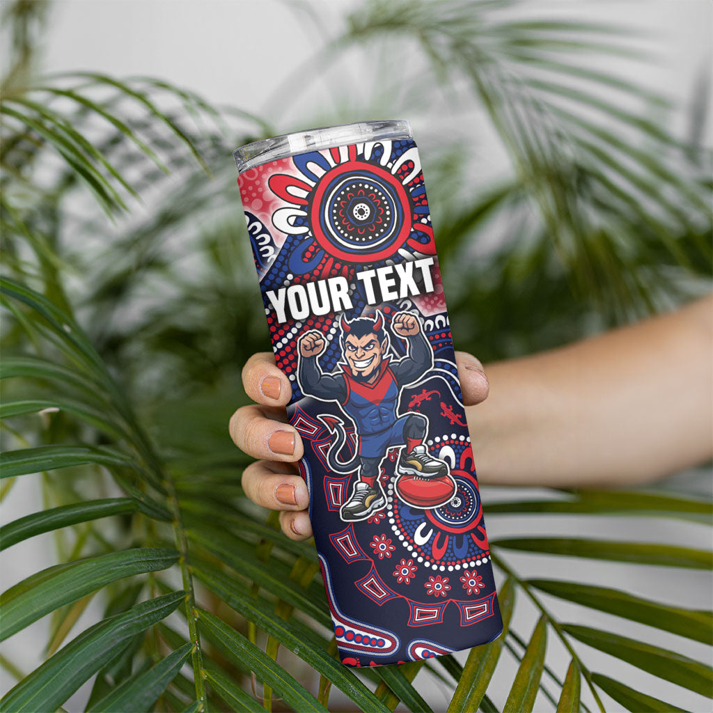 Personalized Melbourne Demons Football Mascot Skinny Tumbler Aboriginal Dot Art Style Vibrant Indigenous Pattern Design