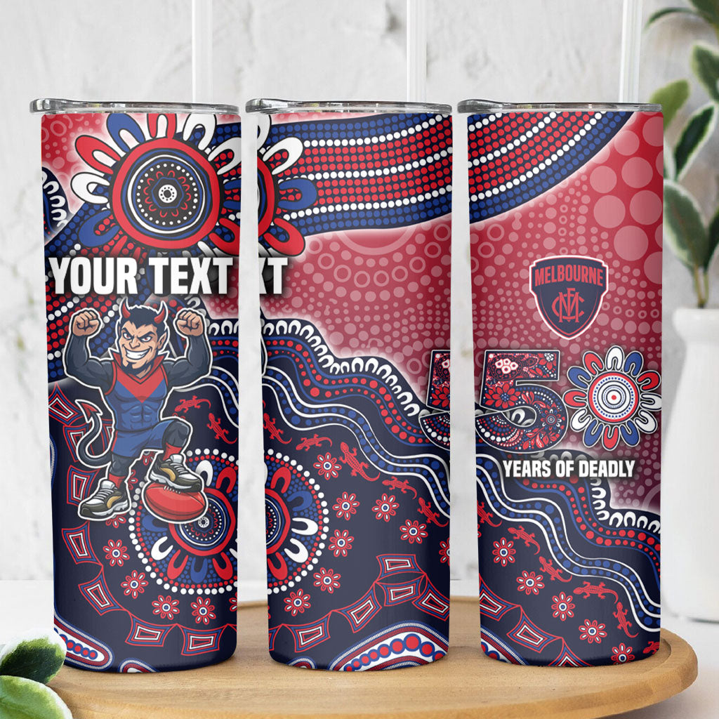 Personalized Melbourne Demons Football Mascot Skinny Tumbler Aboriginal Dot Art Style Vibrant Indigenous Pattern Design