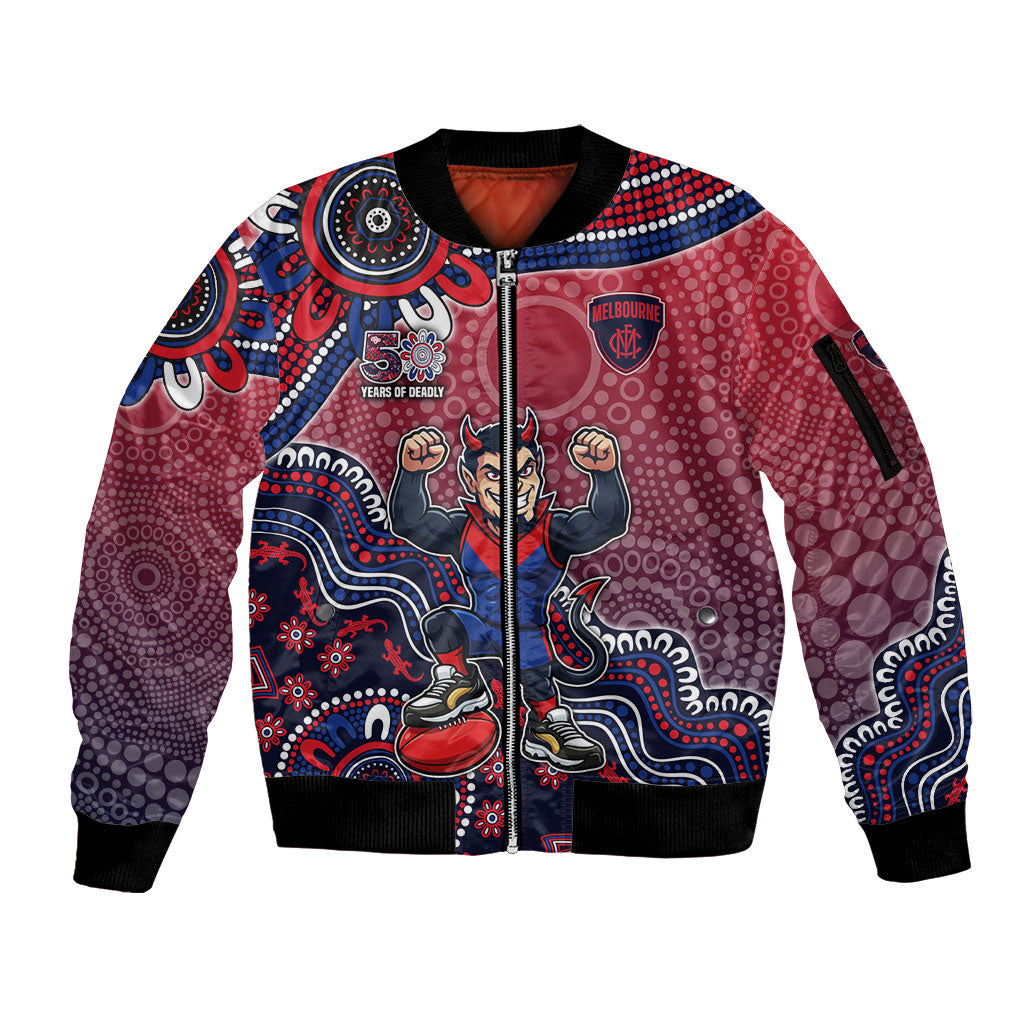 Personalized Melbourne Demons Football Mascot Sleeve Zip Bomber Jacket Aboriginal Dot Art Style Vibrant Indigenous Pattern Design