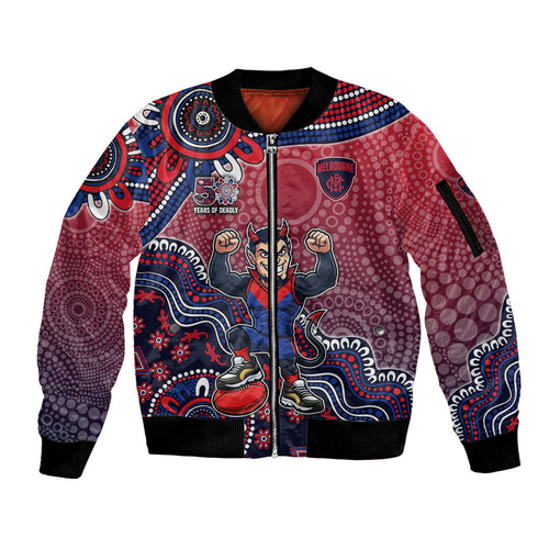Personalized Melbourne Demons Football Mascot Sleeve Zip Bomber Jacket Aboriginal Dot Art Style Vibrant Indigenous Pattern Design