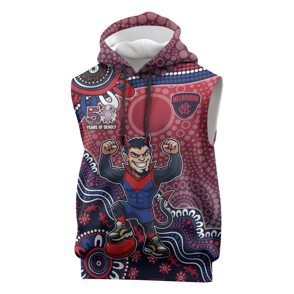 Personalized Melbourne Demons Football Mascot Sleeveless Hoodie Aboriginal Dot Art Style Vibrant Indigenous Pattern Design