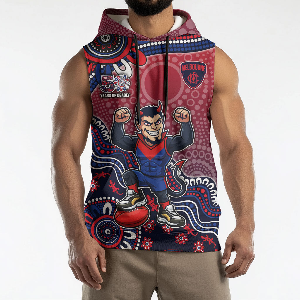 Personalized Melbourne Demons Football Mascot Sleeveless Hoodie Aboriginal Dot Art Style Vibrant Indigenous Pattern Design