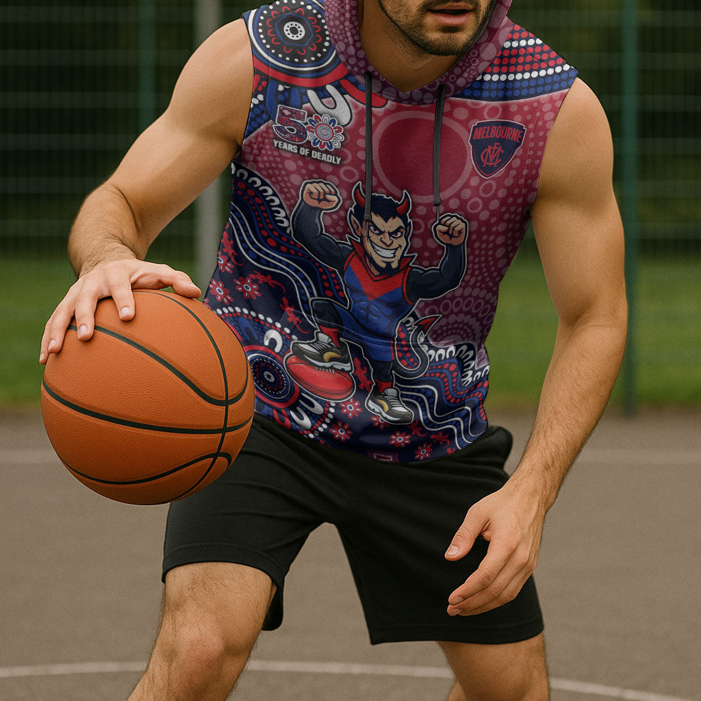 Personalized Melbourne Demons Football Mascot Sleeveless Hoodie Aboriginal Dot Art Style Vibrant Indigenous Pattern Design