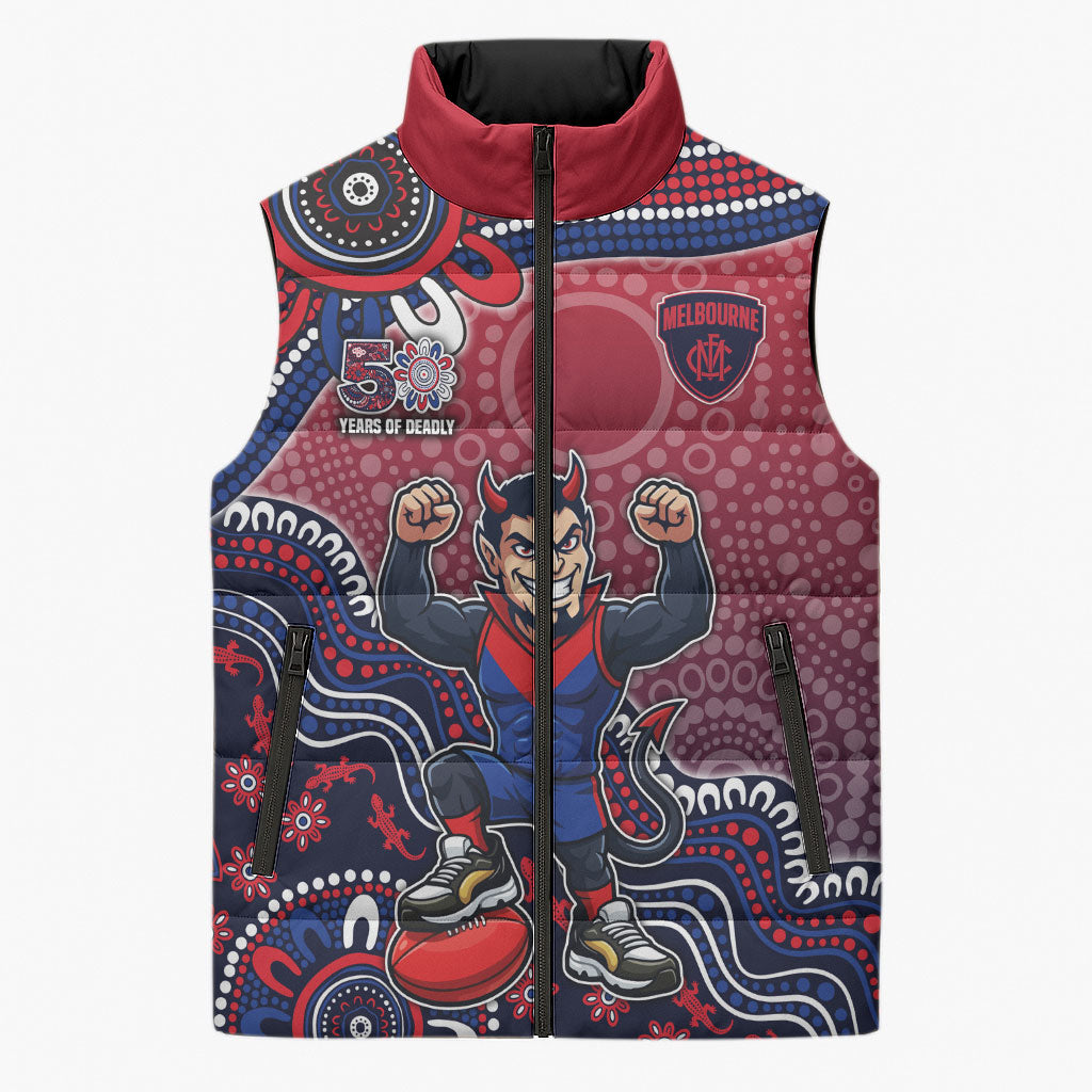 Personalized Melbourne Demons Football Mascot Sleeveless Puffer Jacket Aboriginal Dot Art Style Vibrant Indigenous Pattern Design