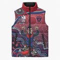 Personalized Melbourne Demons Football Mascot Sleeveless Puffer Jacket Aboriginal Dot Art Style Vibrant Indigenous Pattern Design