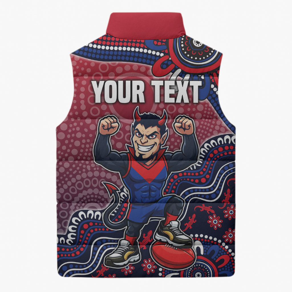 Personalized Melbourne Demons Football Mascot Sleeveless Puffer Jacket Aboriginal Dot Art Style Vibrant Indigenous Pattern Design
