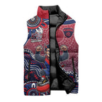 Personalized Melbourne Demons Football Mascot Sleeveless Puffer Jacket Aboriginal Dot Art Style Vibrant Indigenous Pattern Design