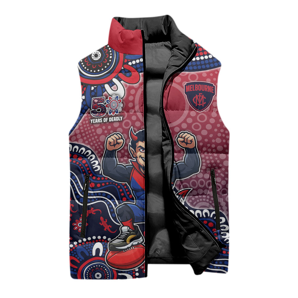Personalized Melbourne Demons Football Mascot Sleeveless Puffer Jacket Aboriginal Dot Art Style Vibrant Indigenous Pattern Design