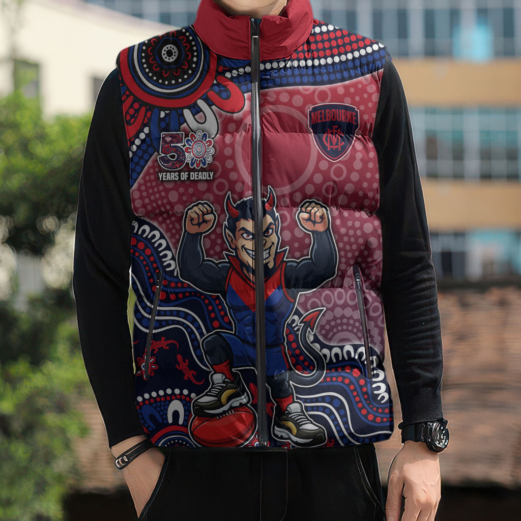 Personalized Melbourne Demons Football Mascot Sleeveless Puffer Jacket Aboriginal Dot Art Style Vibrant Indigenous Pattern Design