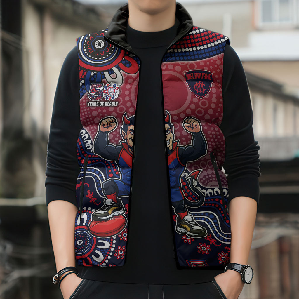Personalized Melbourne Demons Football Mascot Sleeveless Puffer Jacket Aboriginal Dot Art Style Vibrant Indigenous Pattern Design