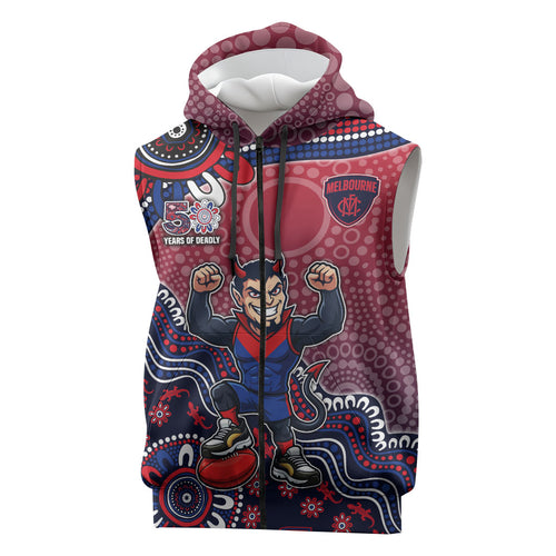 Personalized Melbourne Demons Football Mascot Sleeveless Zip Hoodie Aboriginal Dot Art Style Vibrant Indigenous Pattern Design