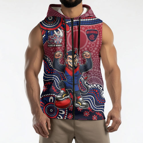 Personalized Melbourne Demons Football Mascot Sleeveless Zip Hoodie Aboriginal Dot Art Style Vibrant Indigenous Pattern Design