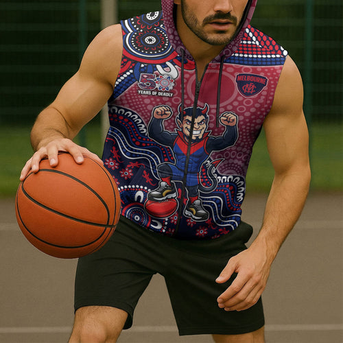 Personalized Melbourne Demons Football Mascot Sleeveless Zip Hoodie Aboriginal Dot Art Style Vibrant Indigenous Pattern Design