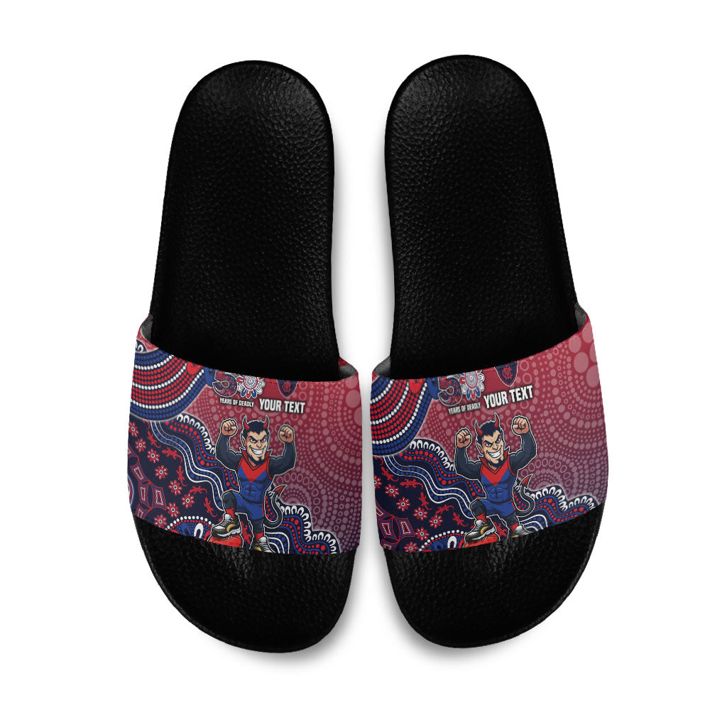 Personalized Melbourne Demons Football Mascot Slide Sandals Aboriginal Dot Art Style Vibrant Indigenous Pattern Design