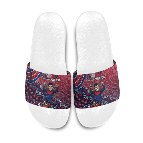 Personalized Melbourne Demons Football Mascot Slide Sandals Aboriginal Dot Art Style Vibrant Indigenous Pattern Design
