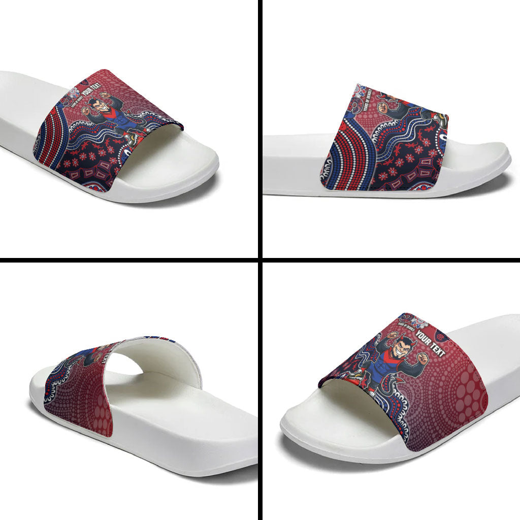 Personalized Melbourne Demons Football Mascot Slide Sandals Aboriginal Dot Art Style Vibrant Indigenous Pattern Design