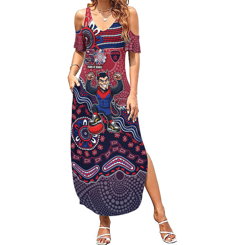 Personalized Melbourne Demons Football Mascot Summer Maxi Dress Aboriginal Dot Art Style Vibrant Indigenous Pattern Design