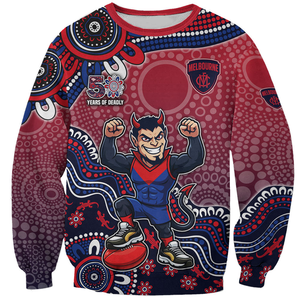 Personalized Melbourne Demons Football Mascot Sweatshirt Aboriginal Dot Art Style Vibrant Indigenous Pattern Design