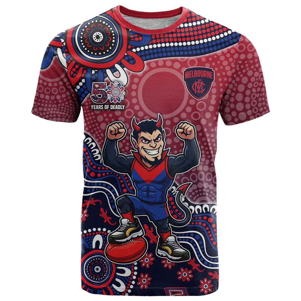 Personalized Melbourne Demons Football Mascot T Shirt Aboriginal Dot Art Style Vibrant Indigenous Pattern Design