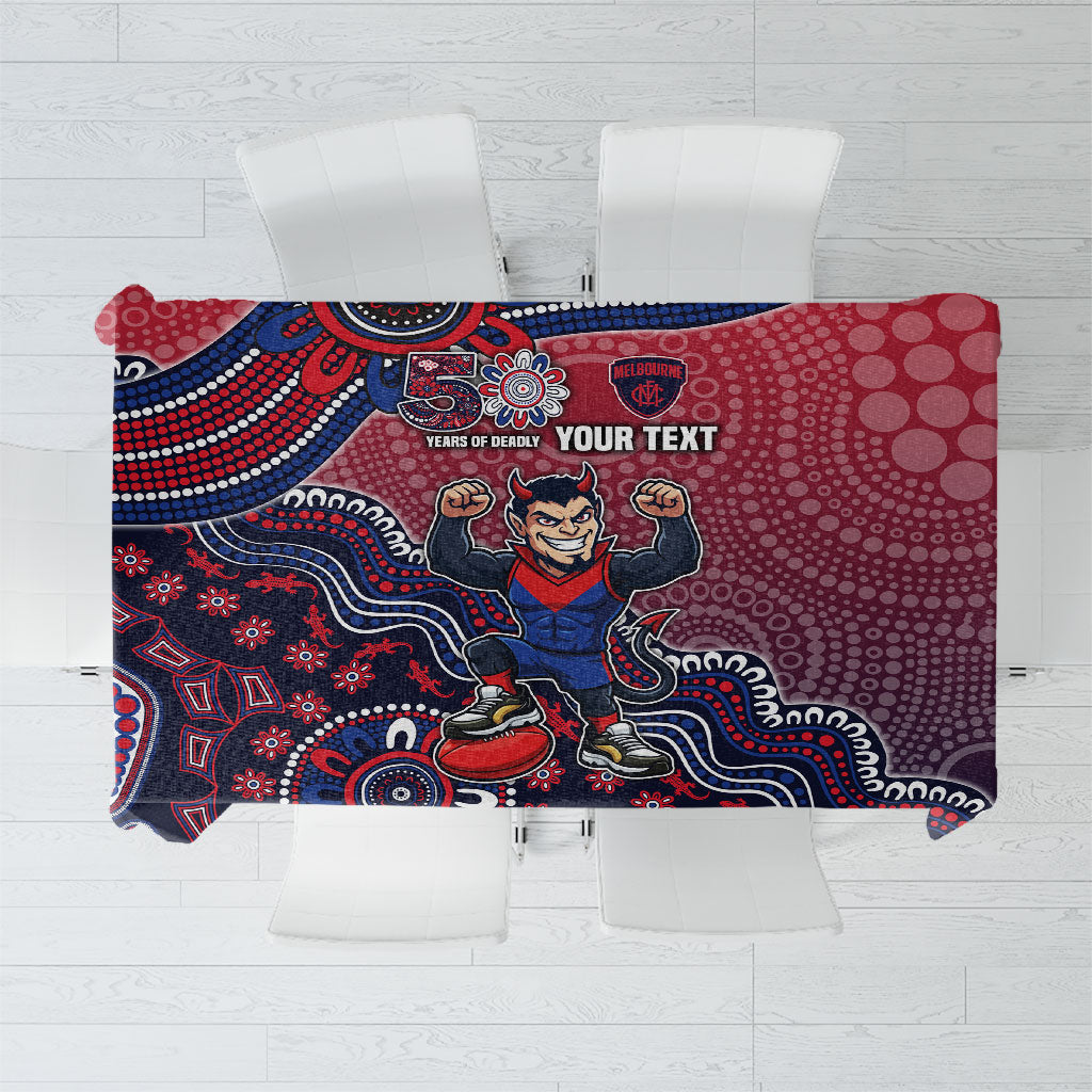 Personalized Melbourne Demons Football Mascot Tablecloth Aboriginal Dot Art Style Vibrant Indigenous Pattern Design