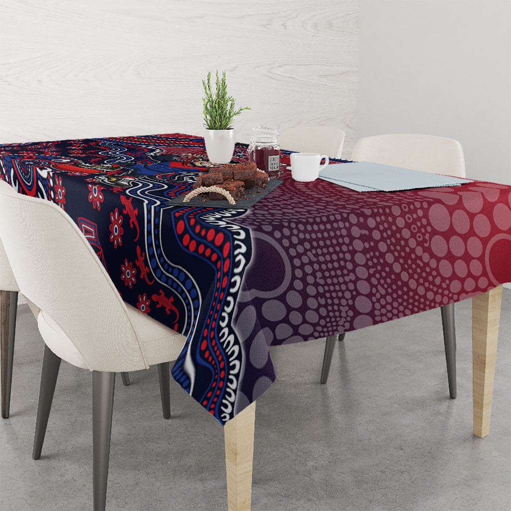 Personalized Melbourne Demons Football Mascot Tablecloth Aboriginal Dot Art Style Vibrant Indigenous Pattern Design