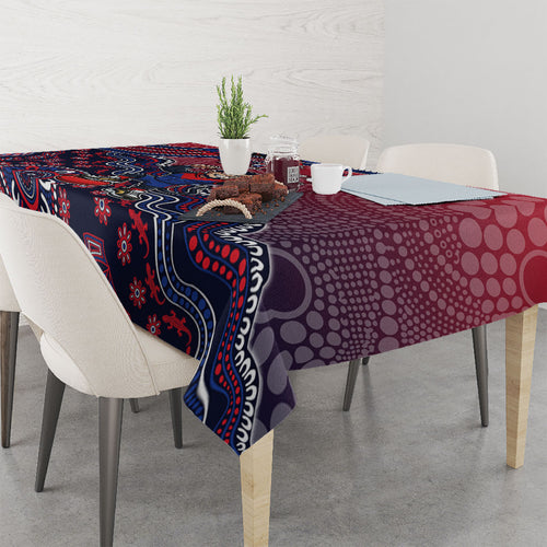 Personalized Melbourne Demons Football Mascot Tablecloth Aboriginal Dot Art Style Vibrant Indigenous Pattern Design
