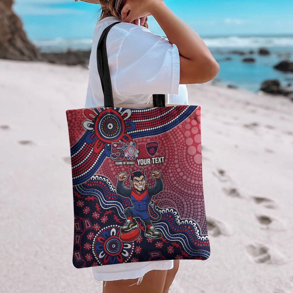 Personalized Melbourne Demons Football Mascot Tote Bag Aboriginal Dot Art Style Vibrant Indigenous Pattern Design
